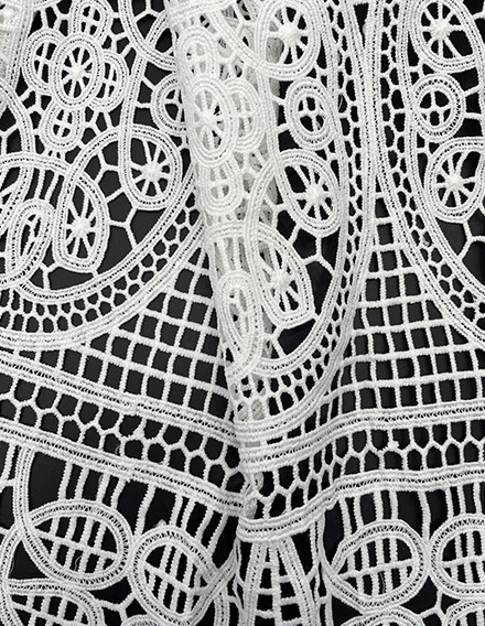SS211109-EMB10 Ivory White Polyester Geometric Guipure Embroidery Fabric with Scalloped Edge