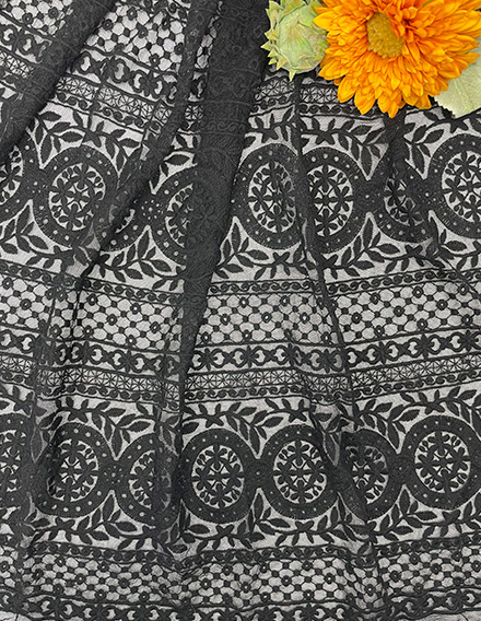 SS111015-EMB30GC Black Cotton Geometric Embroidered Mesh