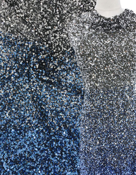 SS210306-SQ05B Silver to Blue Sequin Fabric on Black Mesh