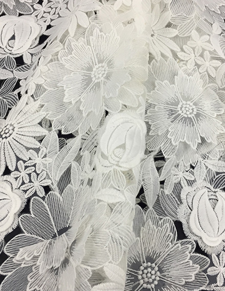 SS140701-EMB08 3D Ivory White Floral Embroidery Fabric on Nylon Organza