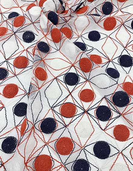 SS180911-EMB08 White/Navy/Red Geometric Embroidery on Mesh