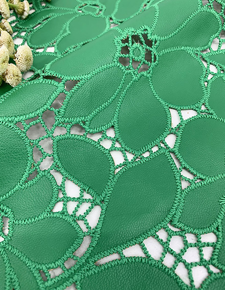 SS200229-EMB16 Green Floral Laser-cut Embroidered Pu Fabric