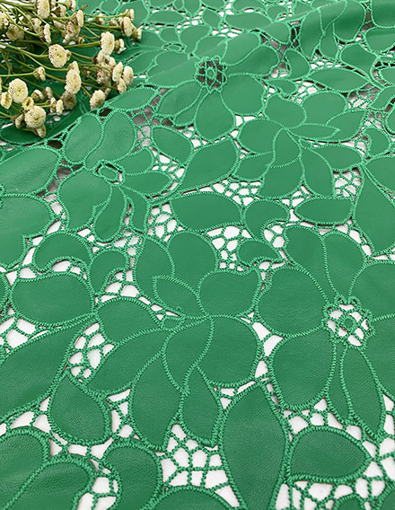 SS200229-EMB16 Green Floral Laser-cut Embroidered Pu Fabric