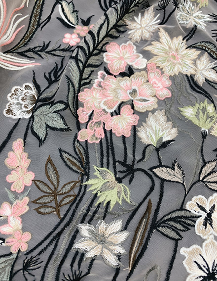 SS210827-EMB07 Multi-Colored Floral Border Embroidery on Nylon Mesh