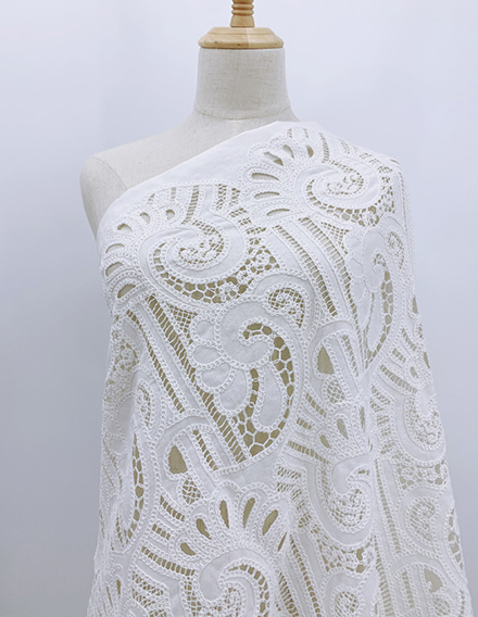 SS210905-EMB02 Ivory White Swirls Laser-cut Embroidery on Cotton Linen