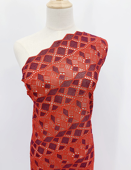SS210929-EMB11 2-Tone Red/Burgundy Geometric Chemical Embroidery Fabric