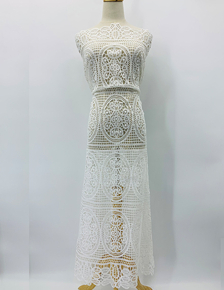 SS211109-EMB10 Ivory White Polyester Geometric Guipure Embroidery Fabric with Scalloped Edge