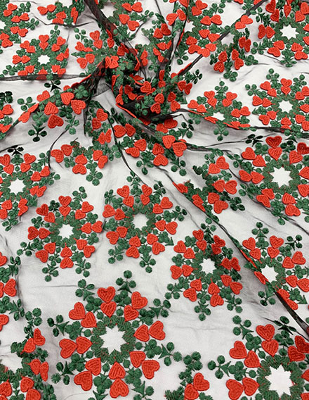 Red/Green Floral Embroidery on Mesh