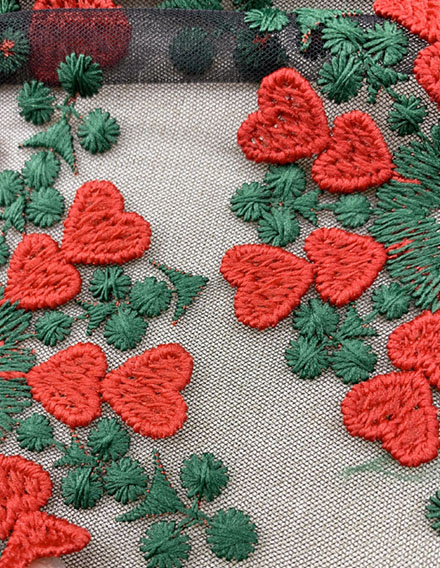 Red/Green Floral Embroidery on Mesh