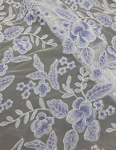 SS220301-EMB18 LT. Blue Floral Cord Embroidery on Nylon Mesh