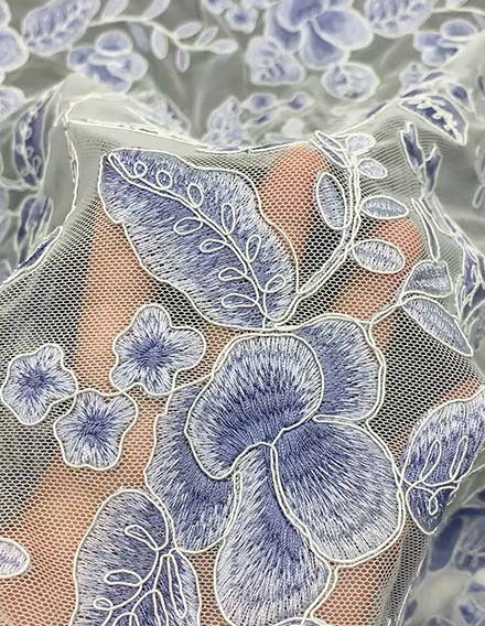 SS220301-EMB18 LT. Blue Floral Cord Embroidery on Nylon Mesh